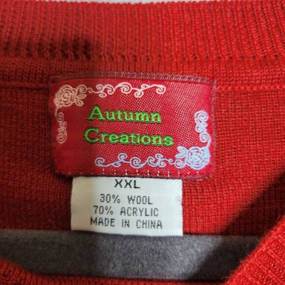 Vintage Women's XXL Orange Red Wool Blend Floral Embroidered Sweater Granny Cor - Picture 6 of 7